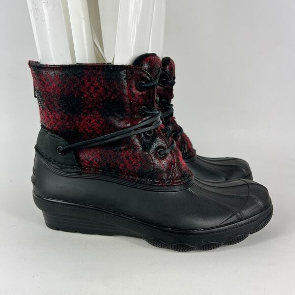 Sperry wedge duck boots women’s 6.5 black red Buffalo check fall slip on secret - Picture 2 of 11